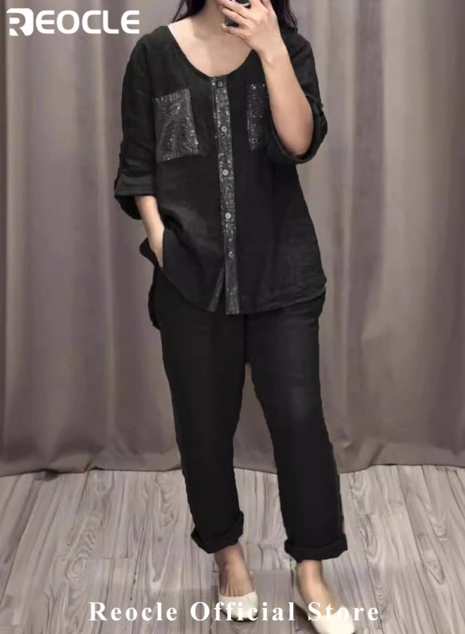 ريوكل 2 قطعة ملابس نسائية من الكتان الكتان بأكمام طويلة بأزرار أسفل القميص القابل للتنفس بنطلون بلون موحد من الترتر برقبة مستديرة برقبة مستديرة بدلة فضفاضة للارتداء اليومي - Image 2