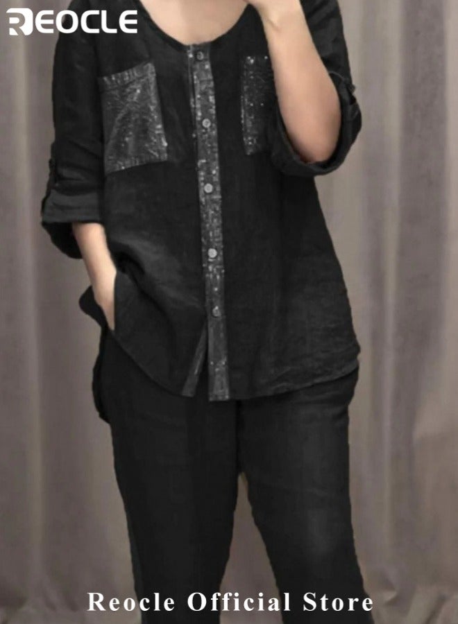 ريوكل 2 قطعة ملابس نسائية من الكتان الكتان بأكمام طويلة بأزرار أسفل القميص القابل للتنفس بنطلون بلون موحد من الترتر برقبة مستديرة برقبة مستديرة بدلة فضفاضة للارتداء اليومي - Image 3