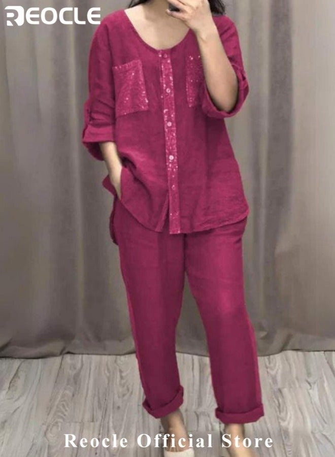 ريوكل 2 قطعة ملابس نسائية من الكتان الكتان بأكمام طويلة بأزرار أسفل القميص القابل للتنفس بنطلون بلون موحد من الترتر برقبة مستديرة برقبة مستديرة بدلة فضفاضة للارتداء اليومي - Image 5
