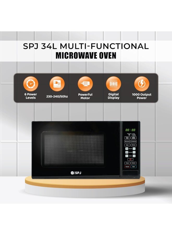 اس بي جي فرن ميكروويف رقمي SPJ سعة 34 لترًا مع شواية - ميكروويف بقوة 1000 واط + شواية بقوة 1300 واط | 6 مستويات طاقة | مؤقت 99 دقيقة | وظيفتا إذابة الجليد وإعادة التسخين | تحكم رقمي باللمس | تصميم متين لسطح العمل | MWBLU-34L006 | أسود | ضمان لمدة عام - Image 1
