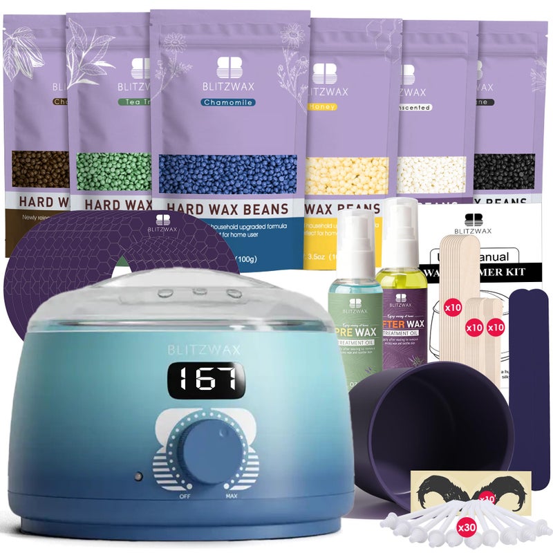 BLITZWAX Back and Nose Waxing Kit for Men Hard Wax Warmer for Brazilian Body and Face At Home Hair Removal Kit Beginner Friendly Quick Heating 93 Accessories Blue Waves - Image 2