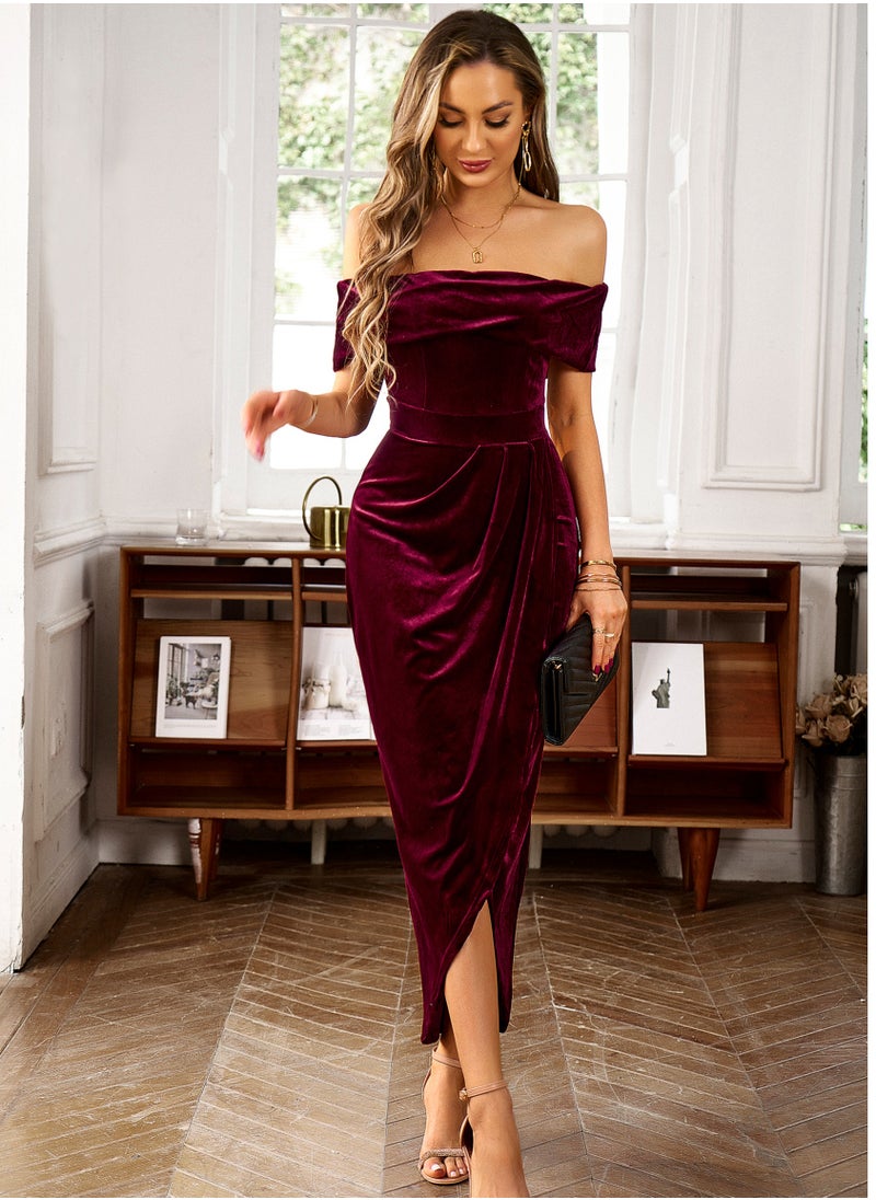 Loquat Square Velvet Dress Autumn-winter Elegant One-shoulder Maxi Dress Red  - Image 1