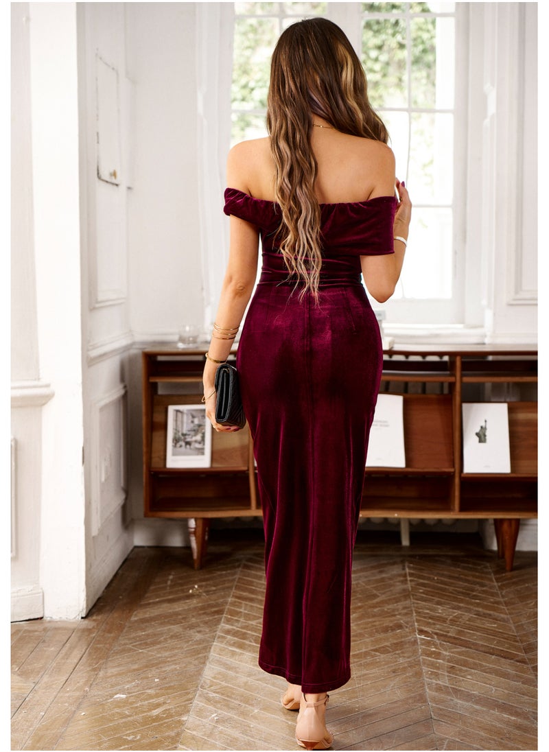 Loquat Square Velvet Dress Autumn-winter Elegant One-shoulder Maxi Dress Red  - Image 2