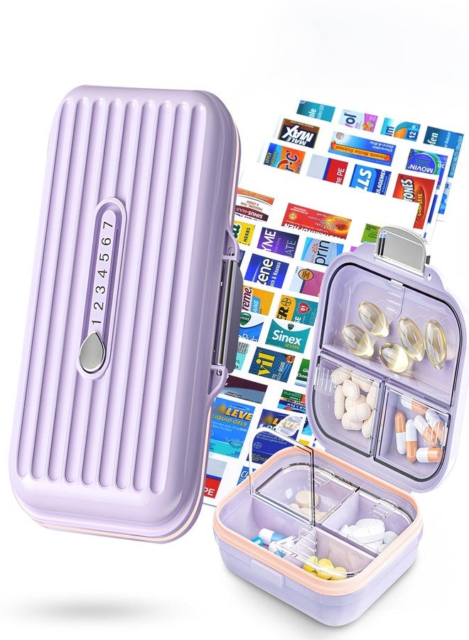 Goffing Travel Pill Organizer Box with Medicine Labels, 2Pack 7 Compartments Portable Pill Case, Daily Medication Organizer Storage Pill Container for Pocket Pharmacy(Purple, S+L 2pack) - Image 1