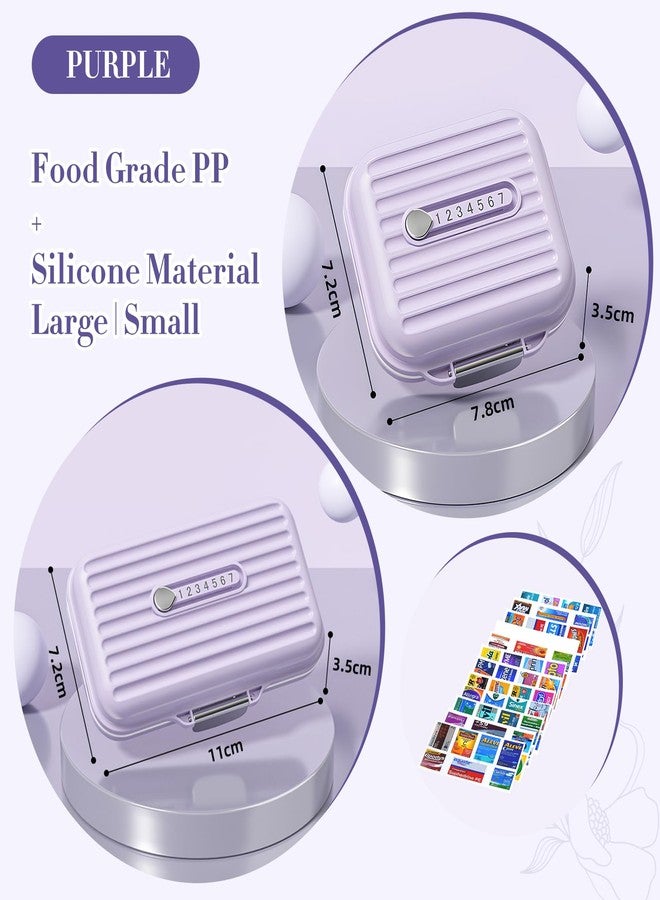 Goffing Travel Pill Organizer Box with Medicine Labels, 2Pack 7 Compartments Portable Pill Case, Daily Medication Organizer Storage Pill Container for Pocket Pharmacy(Purple, S+L 2pack) - Image 2