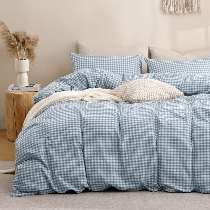 TOCOMOA Blue Gingham Duvet Cover Bedding Set 100% Washed Cotton Like Linen Feel Super Soft Comfortable 3 Piece Vintage Plaid Checkered Comforter Cover Set (King 104"x90", Comforter Not Included) - Image 1