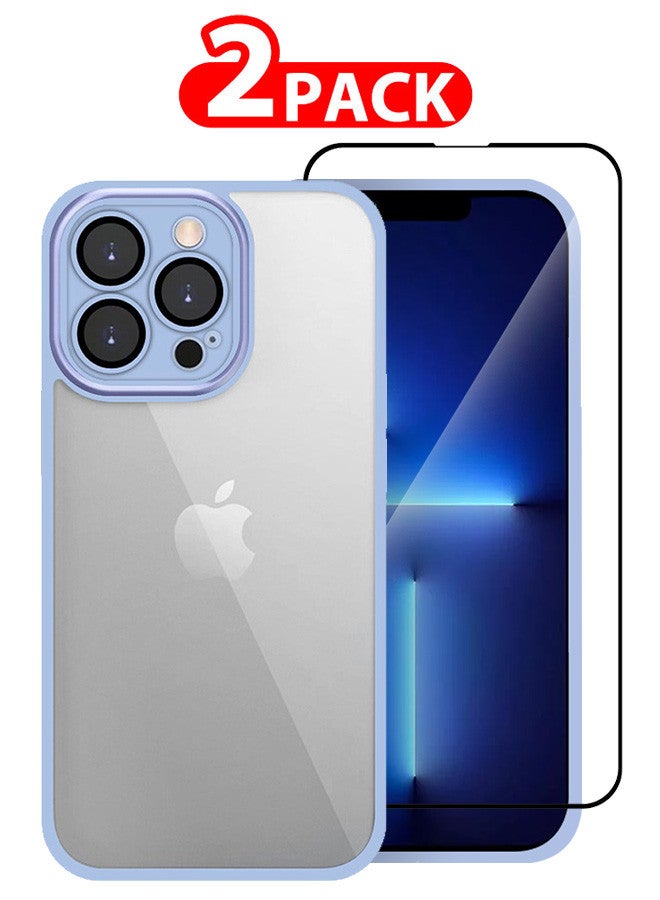 CATANES حزمة 2 لجهاز آيفون 13 برو غلاف شفاف وواقي شاشة مضاد للصدمات بإطار سيليكون وحماية عدسة الكاميرا المرتفعة باللون الأزرق السيري - Image 1