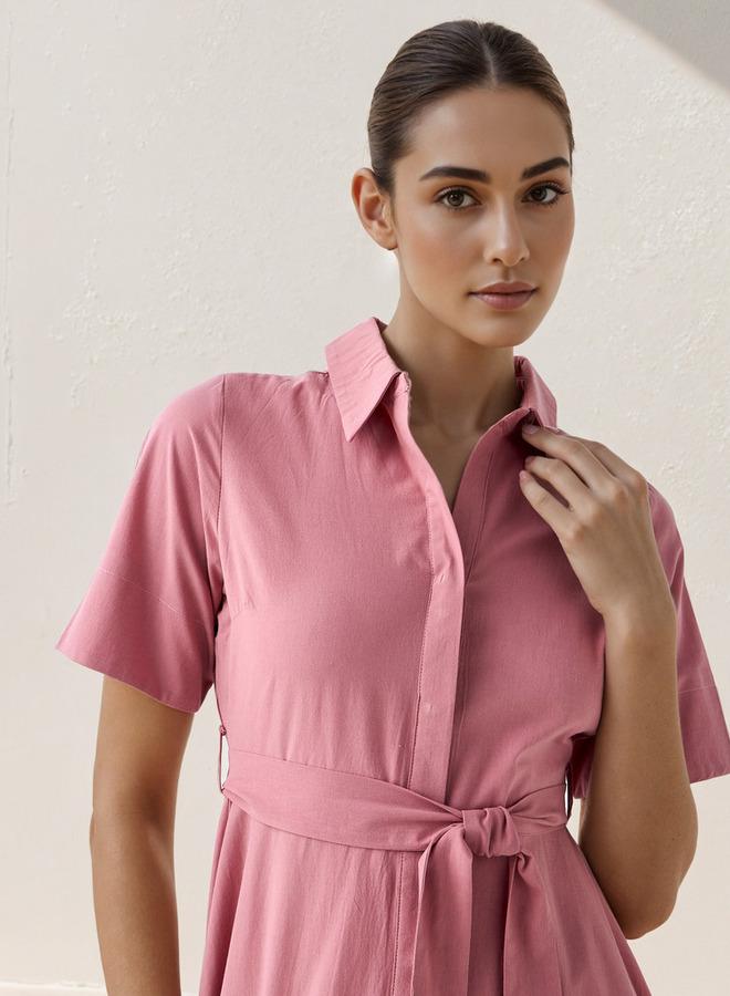 Splash FAV Shirt Midi Cotton Dress with Waist Tie-Up - Image 4