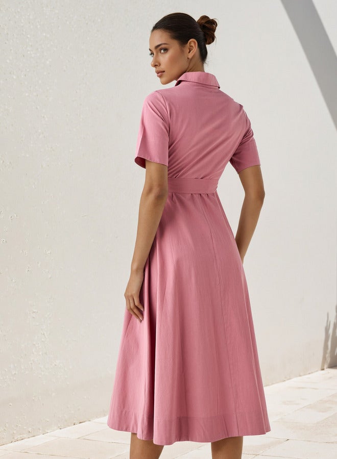 Splash FAV Shirt Midi Cotton Dress with Waist Tie-Up - Image 3