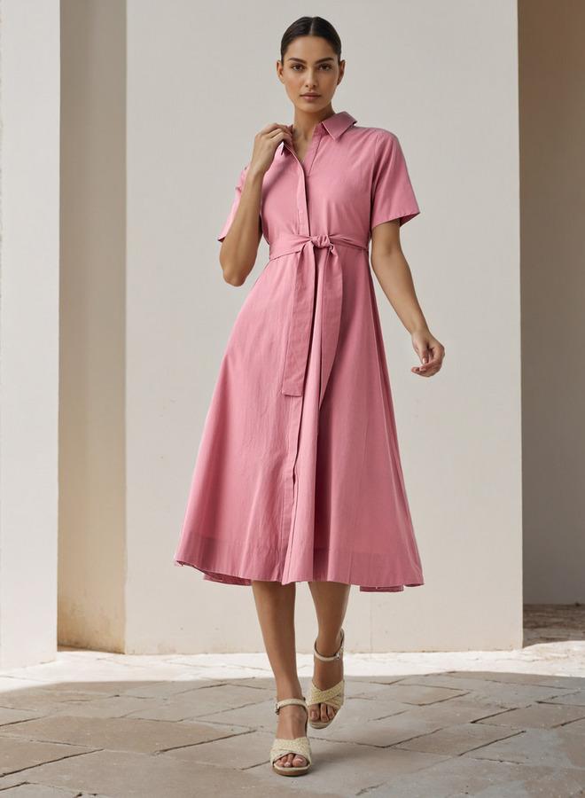 Splash FAV Shirt Midi Cotton Dress with Waist Tie-Up - Image 2