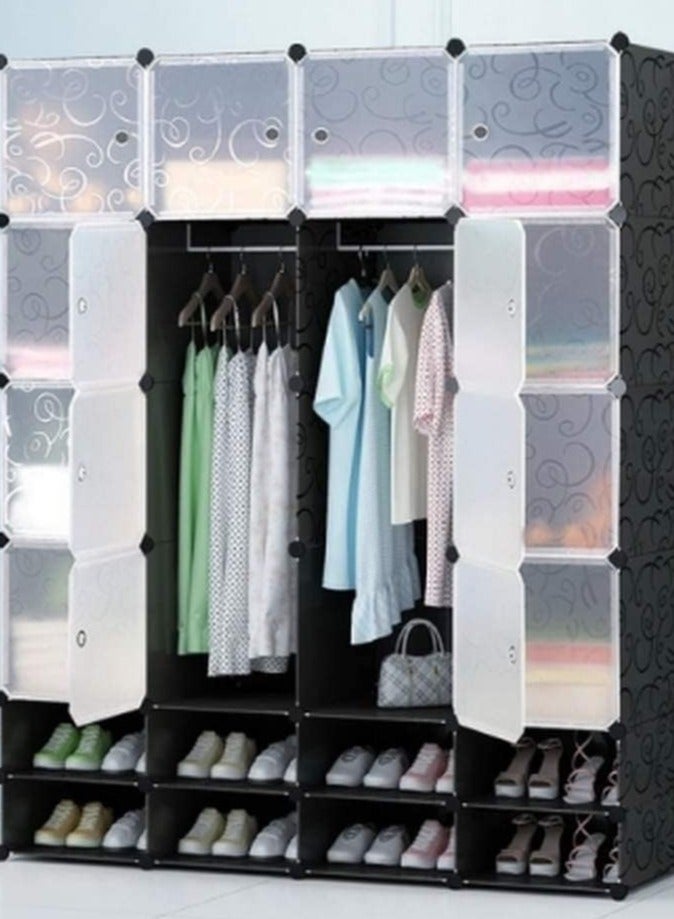 Generic 16 Cube Folding PP Panel DIY Living Room Bedroom Plastic Wardrobe Cabinet Wardrobe with 2 Clothes Hanger and Shoes Rack  - Image 1