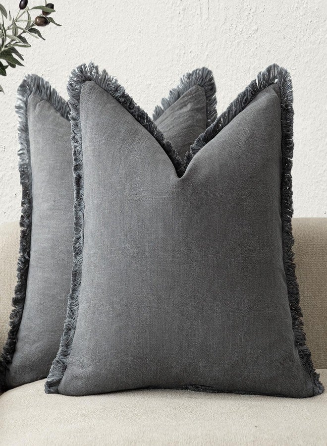 Foindtower Set of 2 Decorative Linen Fringe Throw Pillow Covers Cozy Boho Farmhouse Cushion Cover with Tassels Soft Accent Pillowcase for Couch Sofa Bed Living Room Home Decor, 26×26 Inch, Gray - Image 1