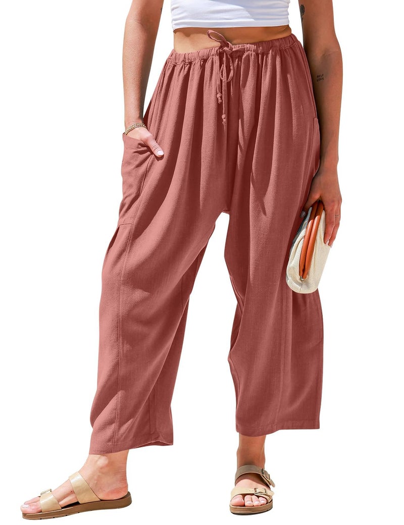TARSE Womens Linen Wide Leg Pants Casual Loose Drawstring Low Waist Summer Beach Palazzo Harem Pants with Pockets(DustyRose,XL) - Image 1