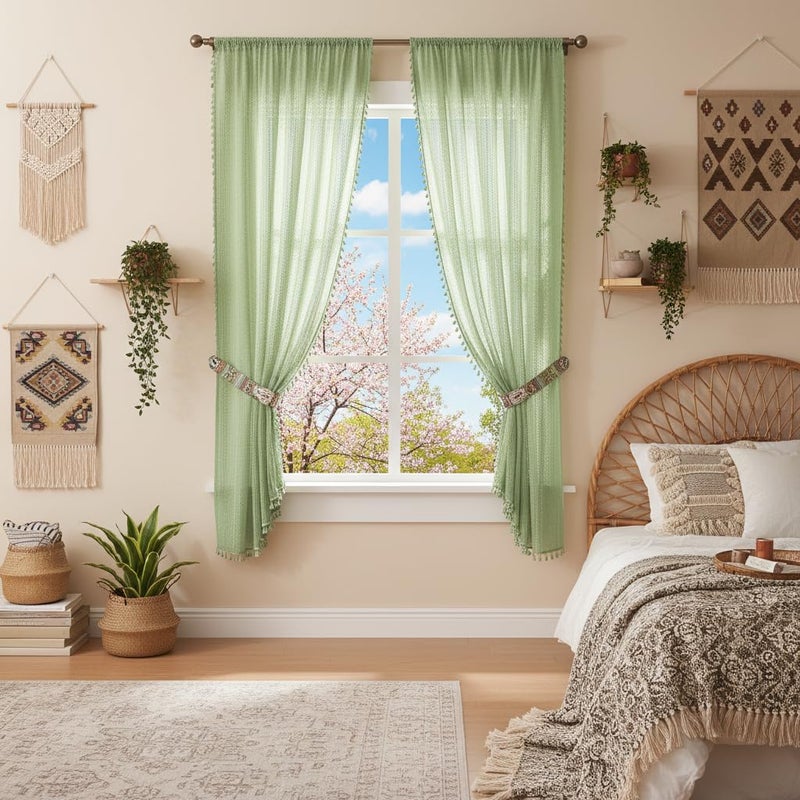 WAZZIO Green Sheer Curtains 63 Inches Long 2 Panels,Rod Pocket Cotton Blend Cute Tassel Crochet Lace Privacy Curtain Boho Spring Drapes for Bedroom Living Room Nursery,59x63 Inch - Image 2