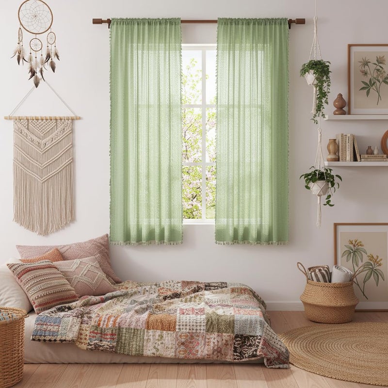 WAZZIO Green Sheer Curtains 63 Inches Long 2 Panels,Rod Pocket Cotton Blend Cute Tassel Crochet Lace Privacy Curtain Boho Spring Drapes for Bedroom Living Room Nursery,59x63 Inch - Image 1