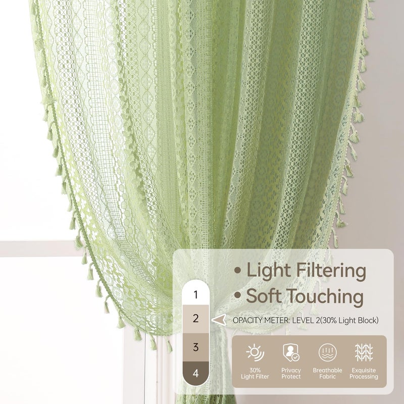 WAZZIO Green Sheer Curtains 63 Inches Long 2 Panels,Rod Pocket Cotton Blend Cute Tassel Crochet Lace Privacy Curtain Boho Spring Drapes for Bedroom Living Room Nursery,59x63 Inch - Image 4