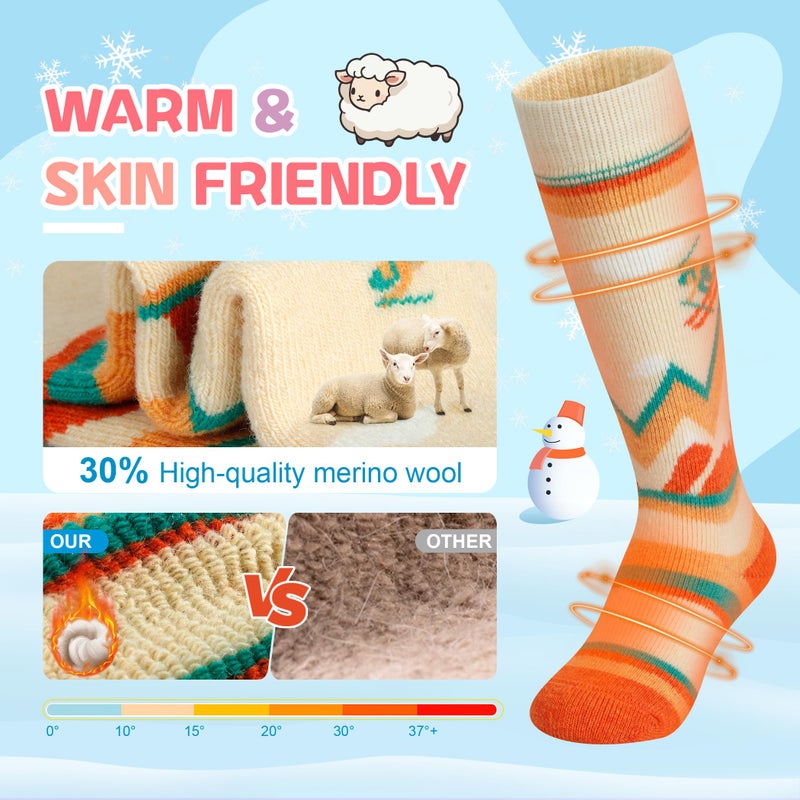 unenow Merino Wool Ski Socks Kids 2 Pairs, Winter Warm Snowboarding Thermal Socks for Boys Girls Toddlers - Image 3