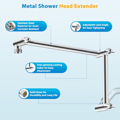 iFealClear All Metal 16 Shower Head Extension Arm Solid Brass Shower Head Extender Adjustable Height Angle G12 Universal Connection Stainless Steel Pipe with Lock Joint for Rain Showerhead Chrome - Image 3
