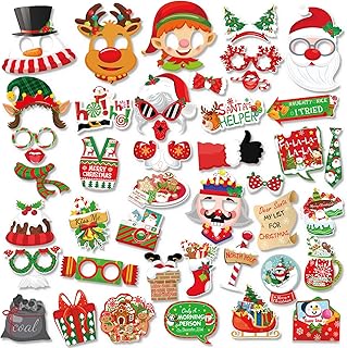 HOWAF 44 Pcs Christmas Photo Booth Props Kit, Red and Green Funny Christmas Selfie Posing Signs Santa Snowman Candy - Image 1