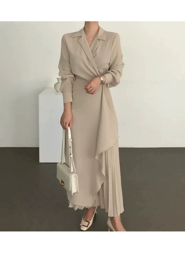 إسكدنيا فساتين سهرة للسيدات الأصيلة اللون الرسمي الأنيق غير المتماثل مطوي تصميم الرجعية السيدات فساتين طويلة الأكمام عادية رمضان البيج - Image 1