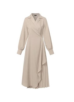 Loquat Ladies Tunic Dress Solid Color Formal Elegant Asymmetrical Pleated Design Vintage Long Suit Dress for Women Casual Ramadan Beige  - Image 2