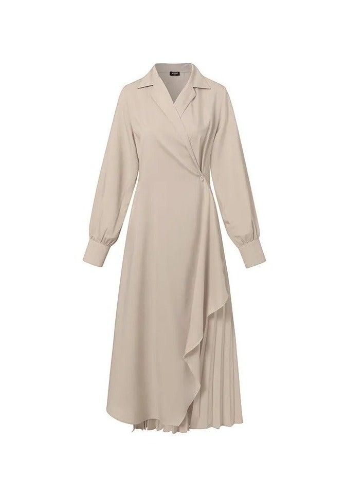 إسكدنيا فساتين سهرة للسيدات الأصيلة اللون الرسمي الأنيق غير المتماثل مطوي تصميم الرجعية السيدات فساتين طويلة الأكمام عادية رمضان البيج - Image 2