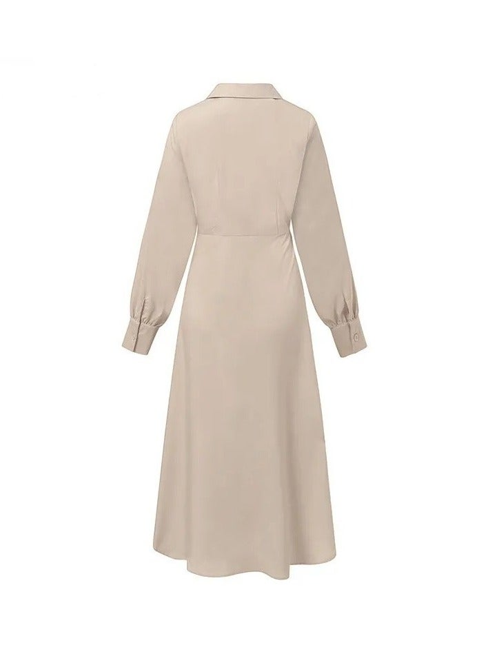 إسكدنيا فساتين سهرة للسيدات الأصيلة اللون الرسمي الأنيق غير المتماثل مطوي تصميم الرجعية السيدات فساتين طويلة الأكمام عادية رمضان البيج - Image 3