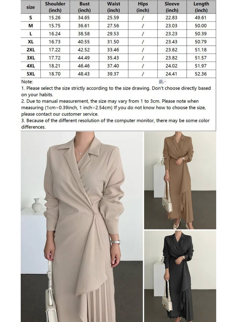 إسكدنيا فساتين سهرة للسيدات الأصيلة اللون الرسمي الأنيق غير المتماثل مطوي تصميم الرجعية السيدات فساتين طويلة الأكمام عادية رمضان البيج - Image 4