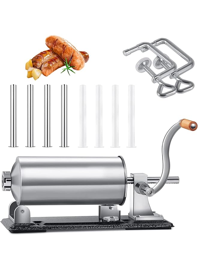 erorex Sausage Stuffer 4L Stainless Steel Manual Homemade Sausage Filler Stuffer With 8 Stuffing Tubes Funnel Horizontal Sausage Filler Machine For Commercial Home - Image 1