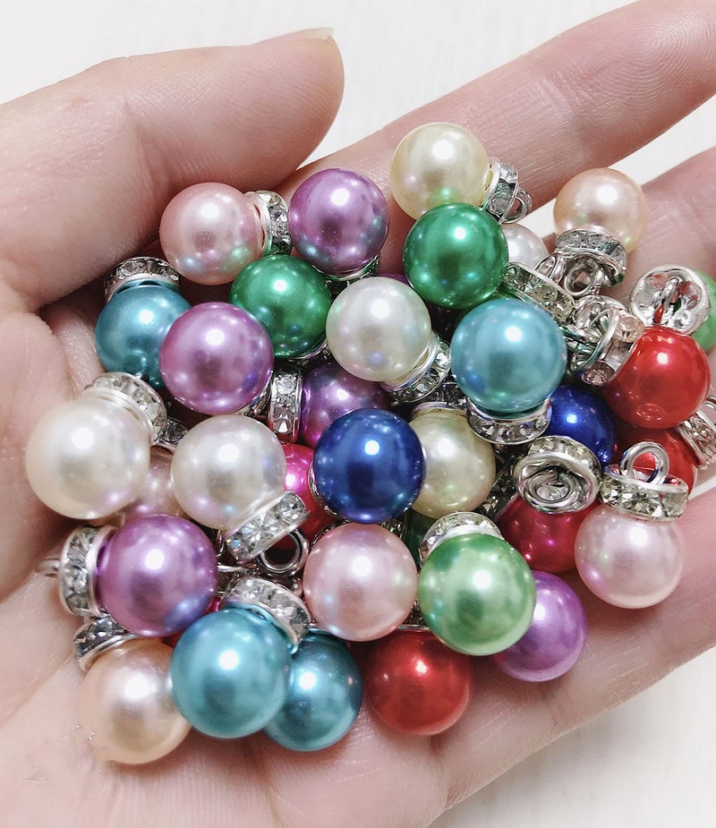 SUKPSY 50 Pcs Inlaid Rhinestone Imitation Pearl Beads 10 mm Faux Pearl Pendant Accessories for Clothes Hair Accessories Earrings Bracelets DIY Craft Making Multicolor