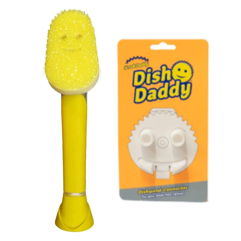 Scrub Daddy Dish Daddy Dish Wand & Connector Head, Soap Dispensing Dish Brush, Texture Changing Washing Up Sponge With Liquid Handle, Dish Sponge with Built-in Scraper, Scrubbing Head & Stand - Yellow - Image 1