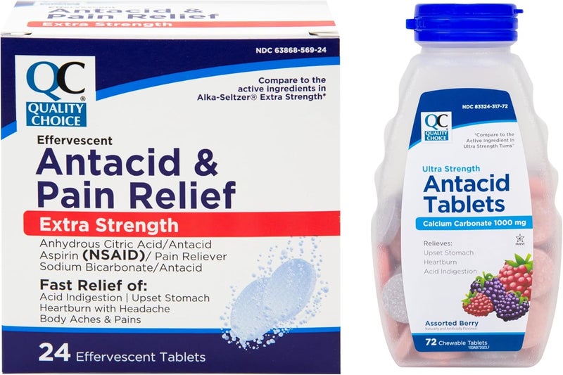 Quality Choice Antacid Relief Bundle Calcium Carbonate Chewable Tablets 72 Count and Effervescent Antacid and Pain Relief Tablets 24 Count - Image 1