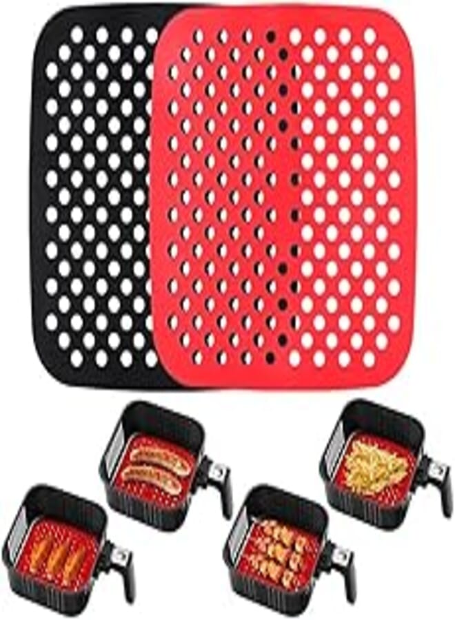 Beauenty 2-pcs Reusable Air Fryer Liner Square, 7.5" Easy-clean Non-stick Silicone Pad, Mini Air Fryer Cooking Accessories Replacement For Parchment Paper BPA Free(black+red)