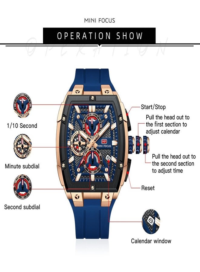 MF MINI FOCUS Men's Watch Analog Waterproof Fashion Date Wrist Watch, Skeleton Tonneau Watch for Men with Chronograph,Ideal for Sports Enthusiasts and Daily Wear - Perfect Gifts for Men, Blue_Golden - Image 5