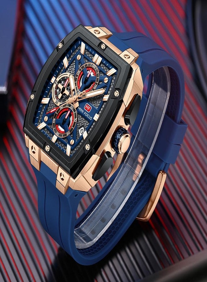 MF MINI FOCUS Men's Watch Analog Waterproof Fashion Date Wrist Watch, Skeleton Tonneau Watch for Men with Chronograph,Ideal for Sports Enthusiasts and Daily Wear - Perfect Gifts for Men, Blue_Golden - Image 2