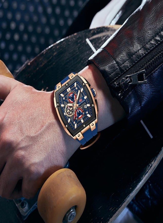 MF MINI FOCUS Men's Watch Analog Waterproof Fashion Date Wrist Watch, Skeleton Tonneau Watch for Men with Chronograph,Ideal for Sports Enthusiasts and Daily Wear - Perfect Gifts for Men, Blue_Golden - Image 3