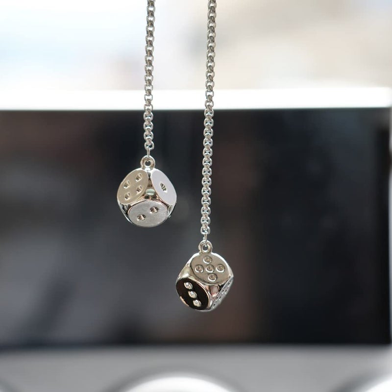 AMIORO Creative Hanging Dice with Dots Car Metal Pendant Rear View Mirrors Charms Ornament (Silver) - Image 3