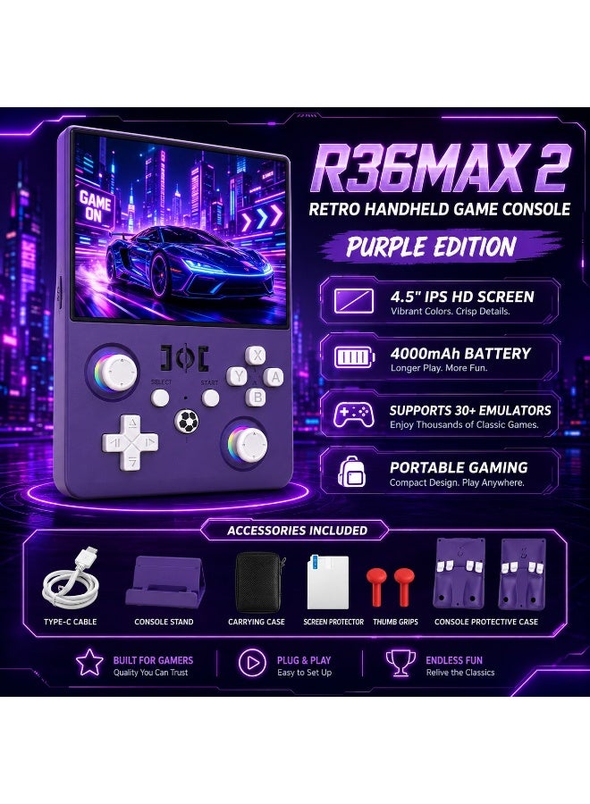 R36MAX 2 Retro Handheld Game Console 4.5” IPS HD Portable Gaming Device, 1.5GHz High-Speed CPU, 30+ Emulator Support, 4000mAh Rechargeable Battery, Classic Retro Video Game Player – Purple - Image 5
