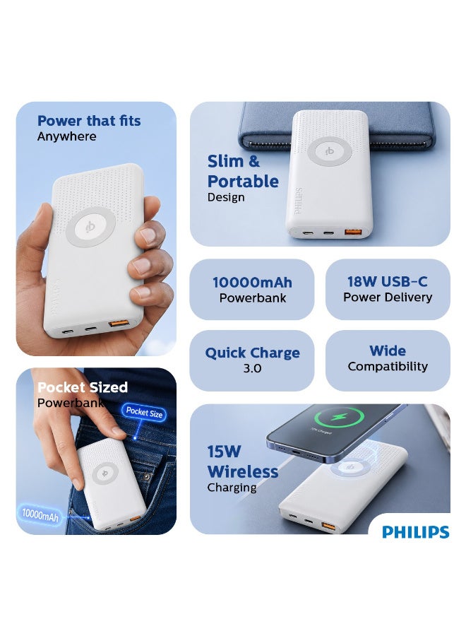 Philips 10000mAh Power Bank with 15W Qi Fast Wireless Charging, 18W USB-C Power Delivery Input/Output, and Qualcomm Quick Charge 3.0 Slim Portable Battery Pack- Black white - Image 2