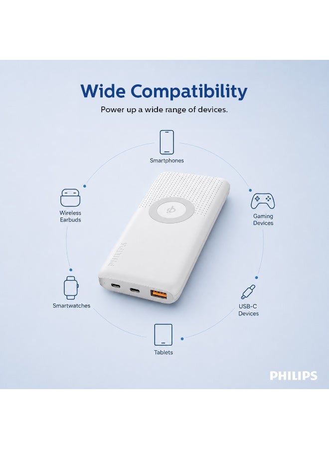 Philips 10000mAh Power Bank with 15W Qi Fast Wireless Charging, 18W USB-C Power Delivery Input/Output, and Qualcomm Quick Charge 3.0 Slim Portable Battery Pack- Black white - Image 5