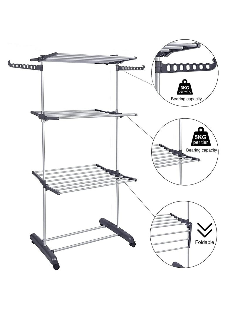 دراي رف تجفيف ملابس قابل للطي من الفولاذ المقاوم للصدأ مع 3 طبقات و 2 أجنحة جانبية - Image 3