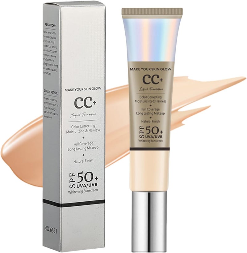 كريم CC كريم أساس كامل التغطية مع SPF 50 كريم مضاد للاحمرار تصحيح اللون وتفتيح لون البشرة لتعديل لون البشرة للحصول على لمسة نهائية طبيعية متألقة - متوسط