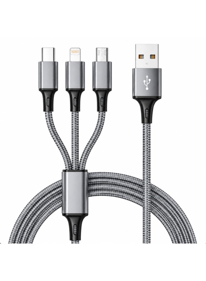 Grey 1M 3-in-1 Multi Charging Cable, Nylon Braided Universal USB to Type-C/Micro/Lightning Cord for iPhone, Samsung, Android - Image 1