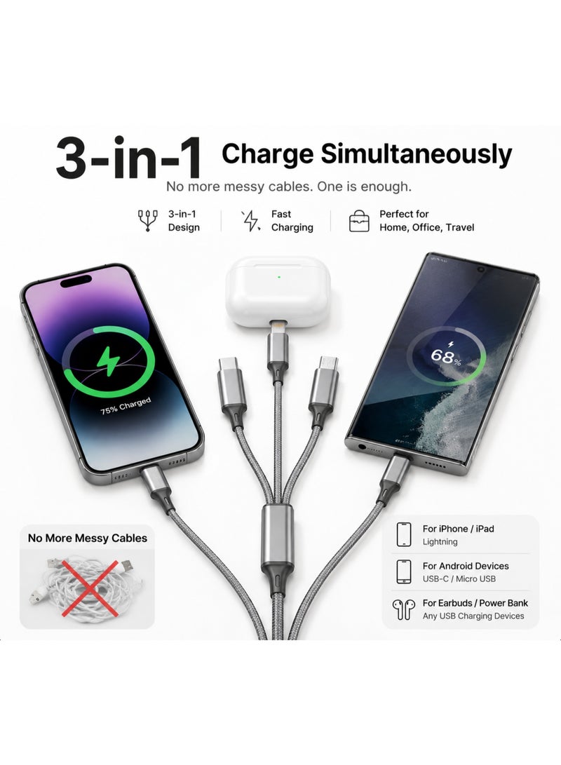Grey 1M 3-in-1 Multi Charging Cable, Nylon Braided Universal USB to Type-C/Micro/Lightning Cord for iPhone, Samsung, Android - Image 2
