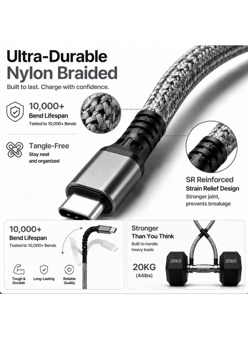 Grey 1M 3-in-1 Multi Charging Cable, Nylon Braided Universal USB to Type-C/Micro/Lightning Cord for iPhone, Samsung, Android - Image 3