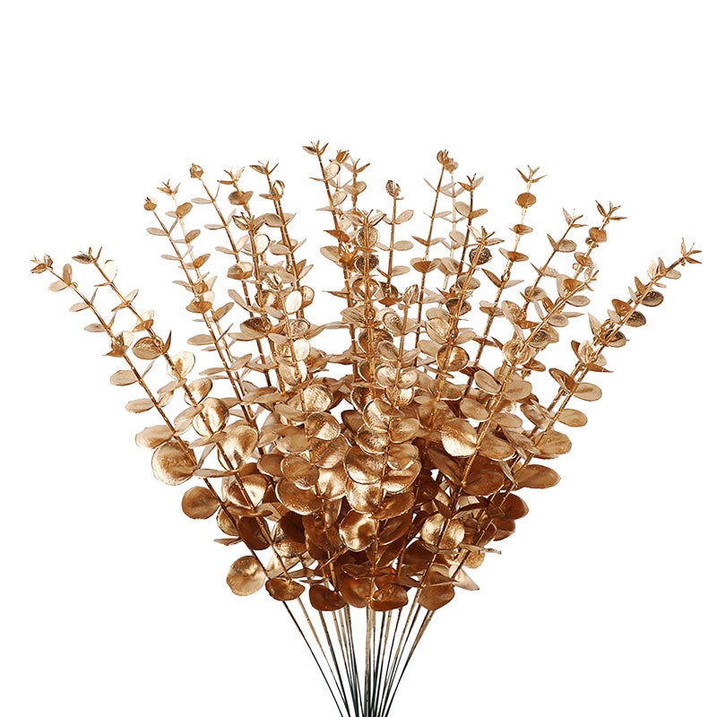 ABAJI Plastic Eucalyptus Golden Stems 12 Fake Faux Decorations Artificial Leaves Greenery Plant Leaf Home Office House Table Desk Decor Wedding Party Vase Forever Live - Image 1