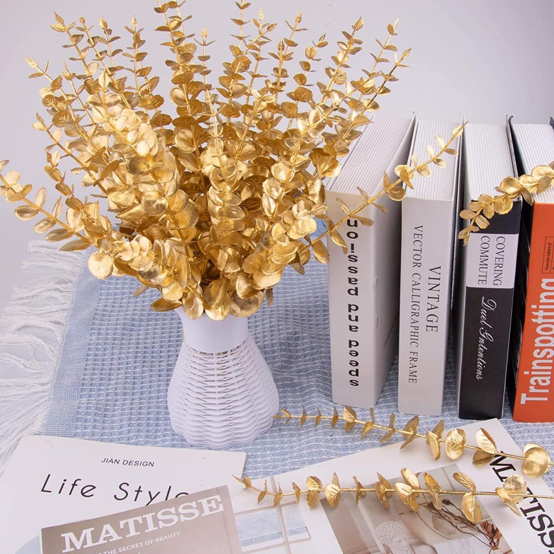 ABAJI Plastic Eucalyptus Golden Stems 12 Fake Faux Decorations Artificial Leaves Greenery Plant Leaf Home Office House Table Desk Decor Wedding Party Vase Forever Live - Image 3