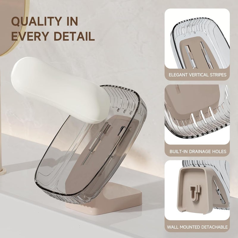 SHOTAY Large Soap Dish, Wall Mounted Soap Tray for Bathroom Tile, Tilting Open-Type Bar Soap Holder, Self-Adhesive Soap Bar Container, Soap Saver for Shower, Bathroom, Kitchen - Beige&Clear - 1pcs - Image 4
