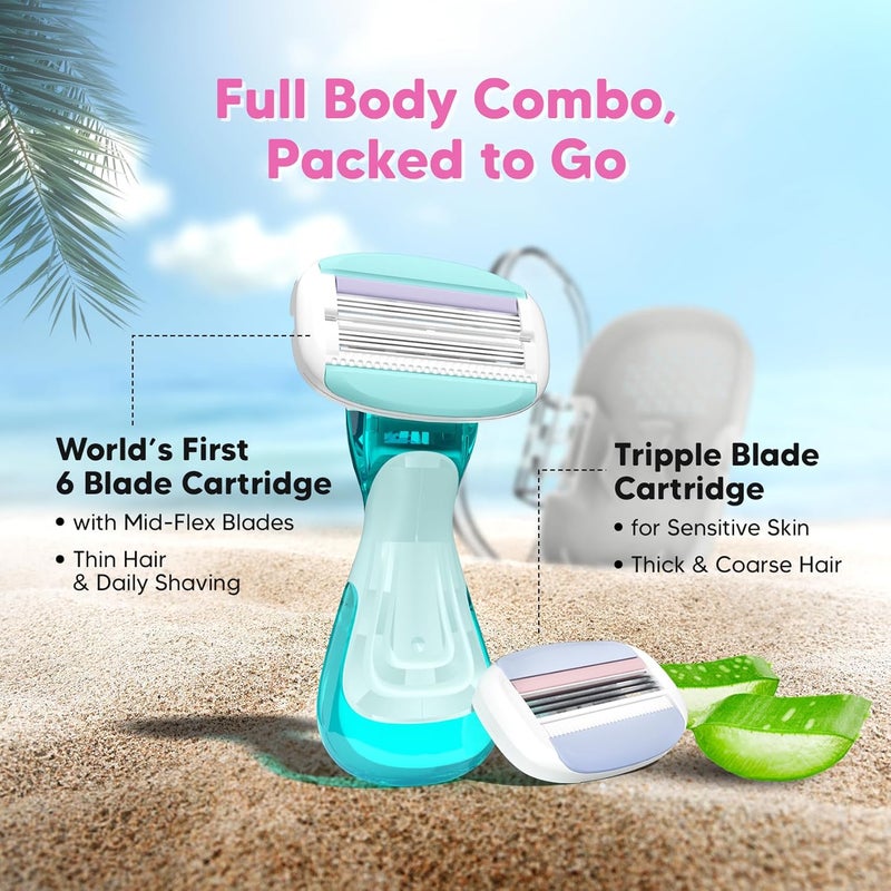 Lets Shave Evior Flyyy Razor for Women (1 Handle + 2 Blades) | World's First 6-Blade Compact Shaving Razor for Women | Dual Moisture Bar with Aloe Vera & Vitamin E | Travel-Friendly Hair Removal Kit with Protective Case - Image 4