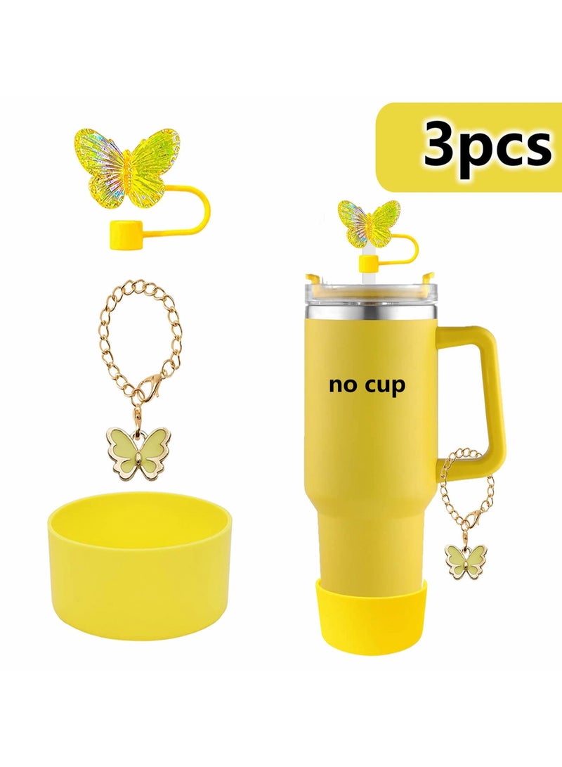Generic Three-Piece Water Cup Butterfly Decoration Straw Cap Silicone Cup Cover Resin Butterfly Cup Chain Ins Key Pendant (Yellow) - Image 1